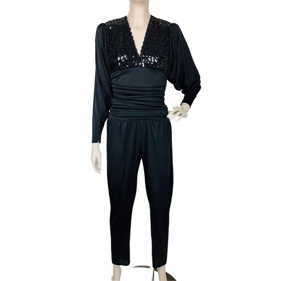 VTG 60s 70s Black Sequined V-Neck V-Back Ruched Batwing Sleeve Jumpsuit Size 6 - Picture 4 of 9